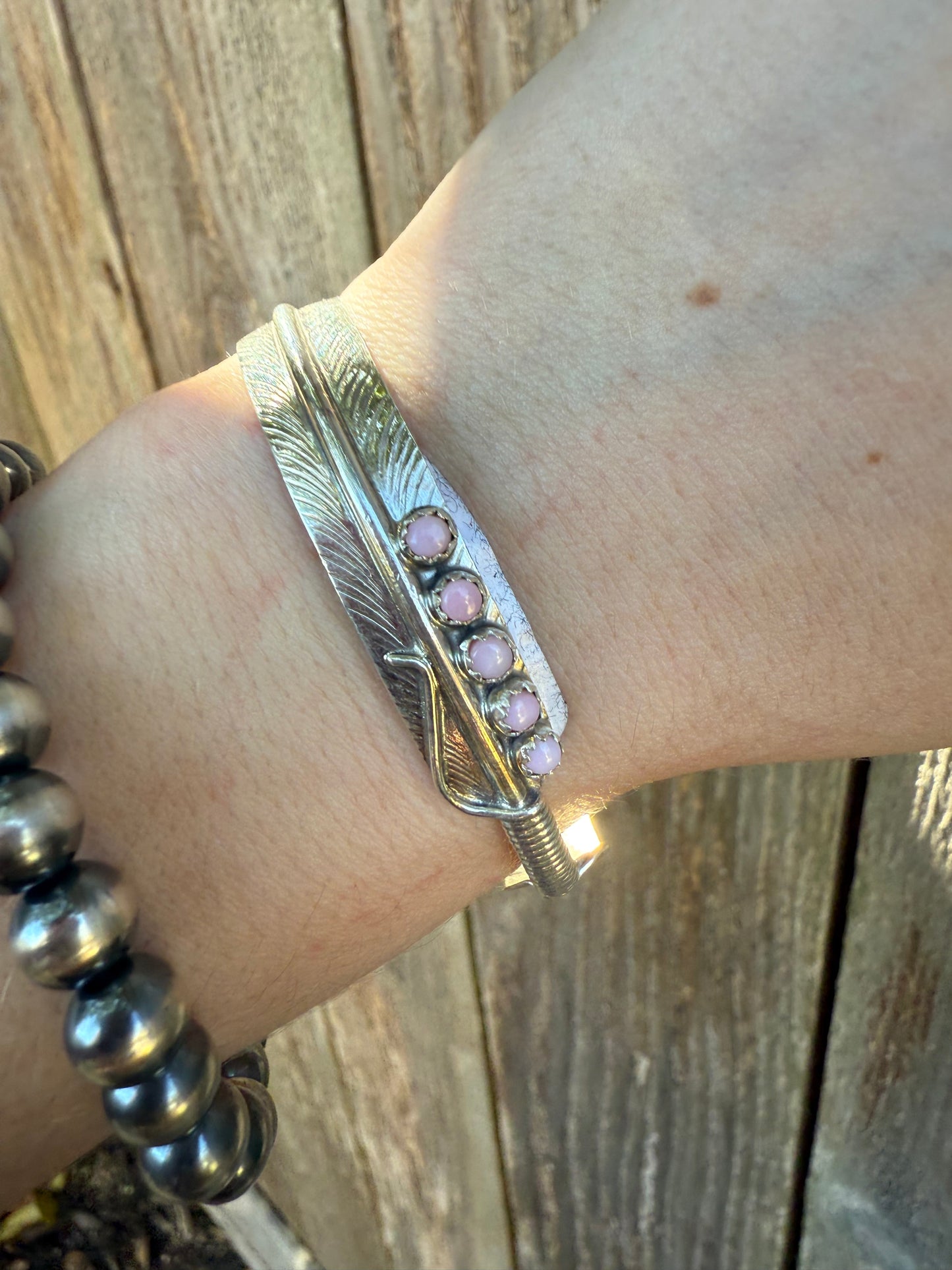 Navajo Pink Conch Feather Sterling Silver Cuff Bracelet by Aaron Davis