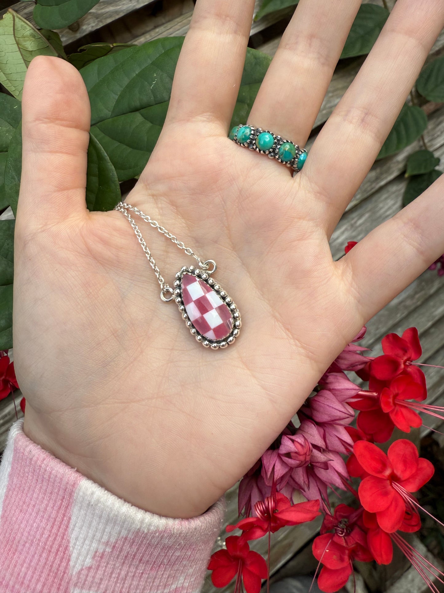 Pink Opal Checkered Sterling Silver 925 Necklace