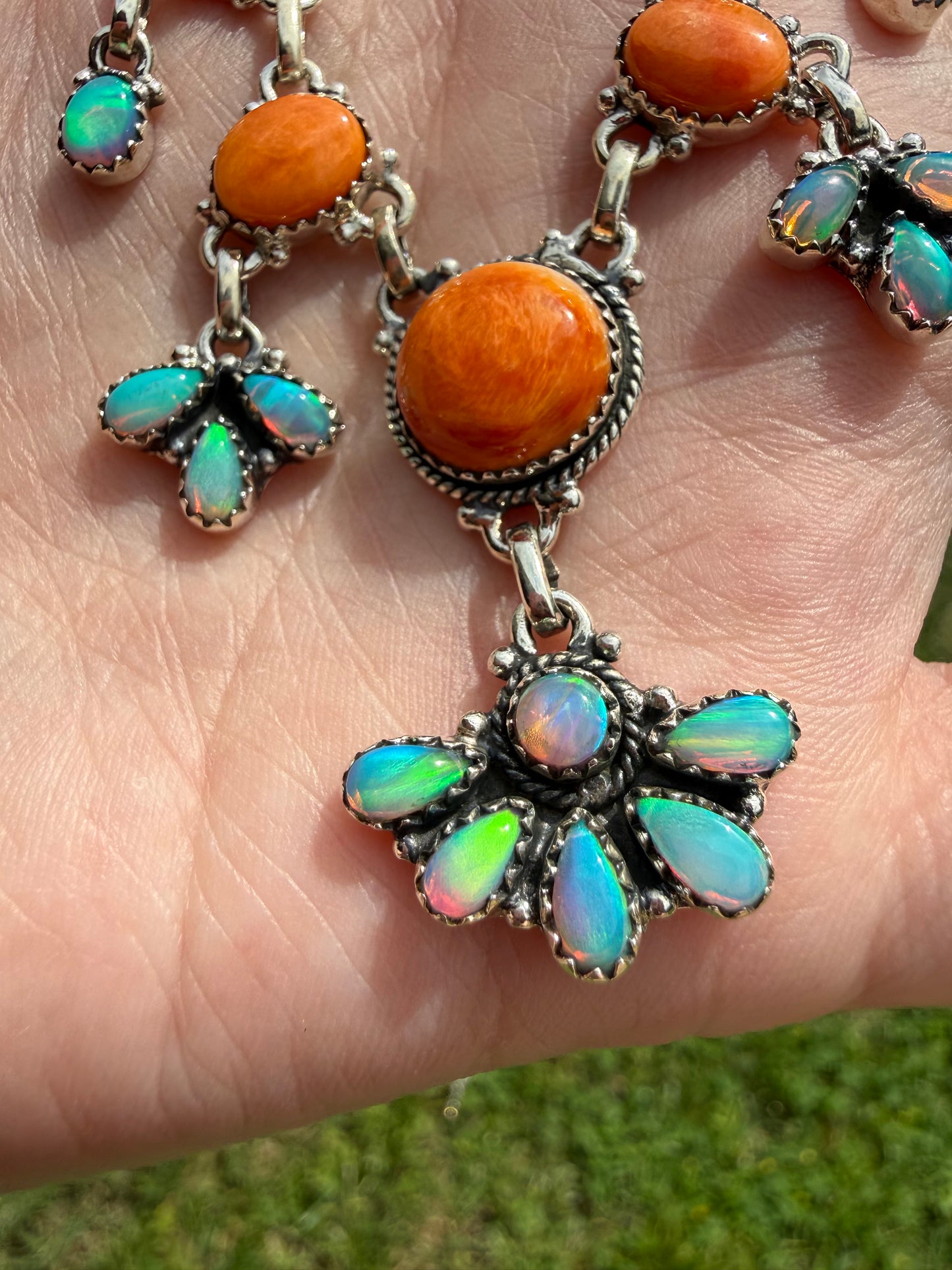 Orange Spiny and Balloon Opal Statement Sterling Silver Necklace