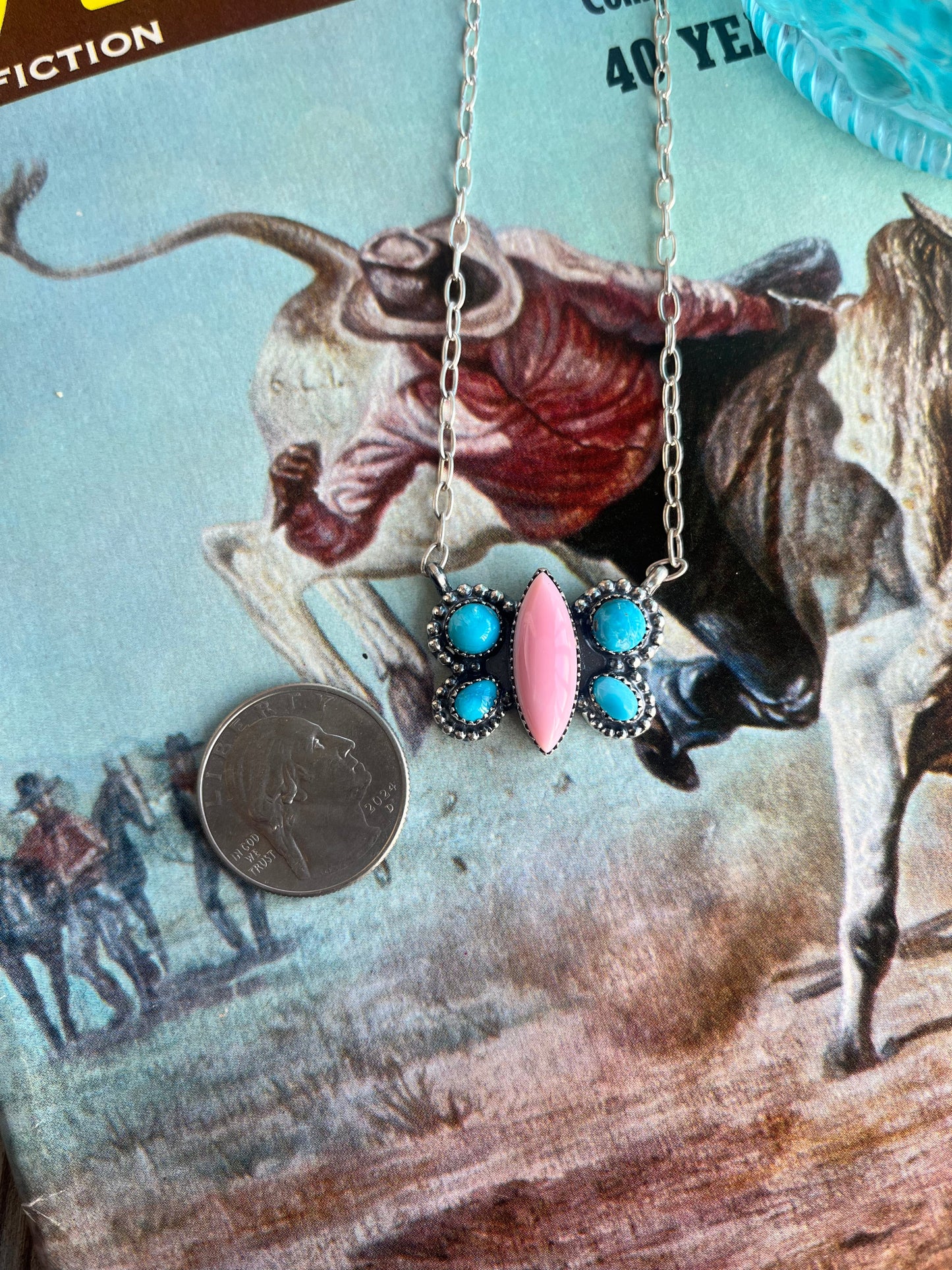 Pink Conch and Blue Bird Butterfly Necklace By Midwest Western Wear
