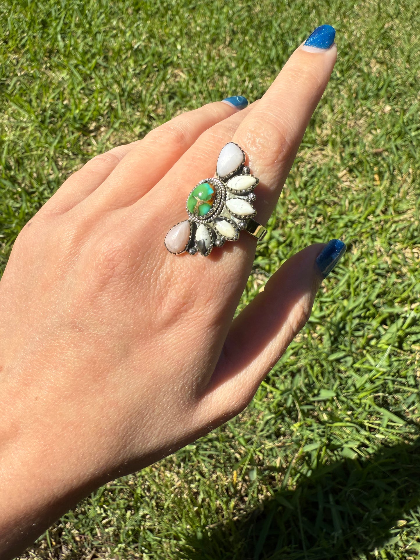 Sonoran Gold Turquoise, White Buffalo, And Pink Opal Sterling Silver Adjustable Ring
