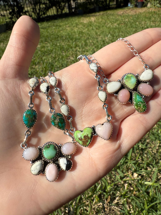 Sonoran Gold Turquoise, Pink Opal, White Buffalo Sterling Silver Necklace