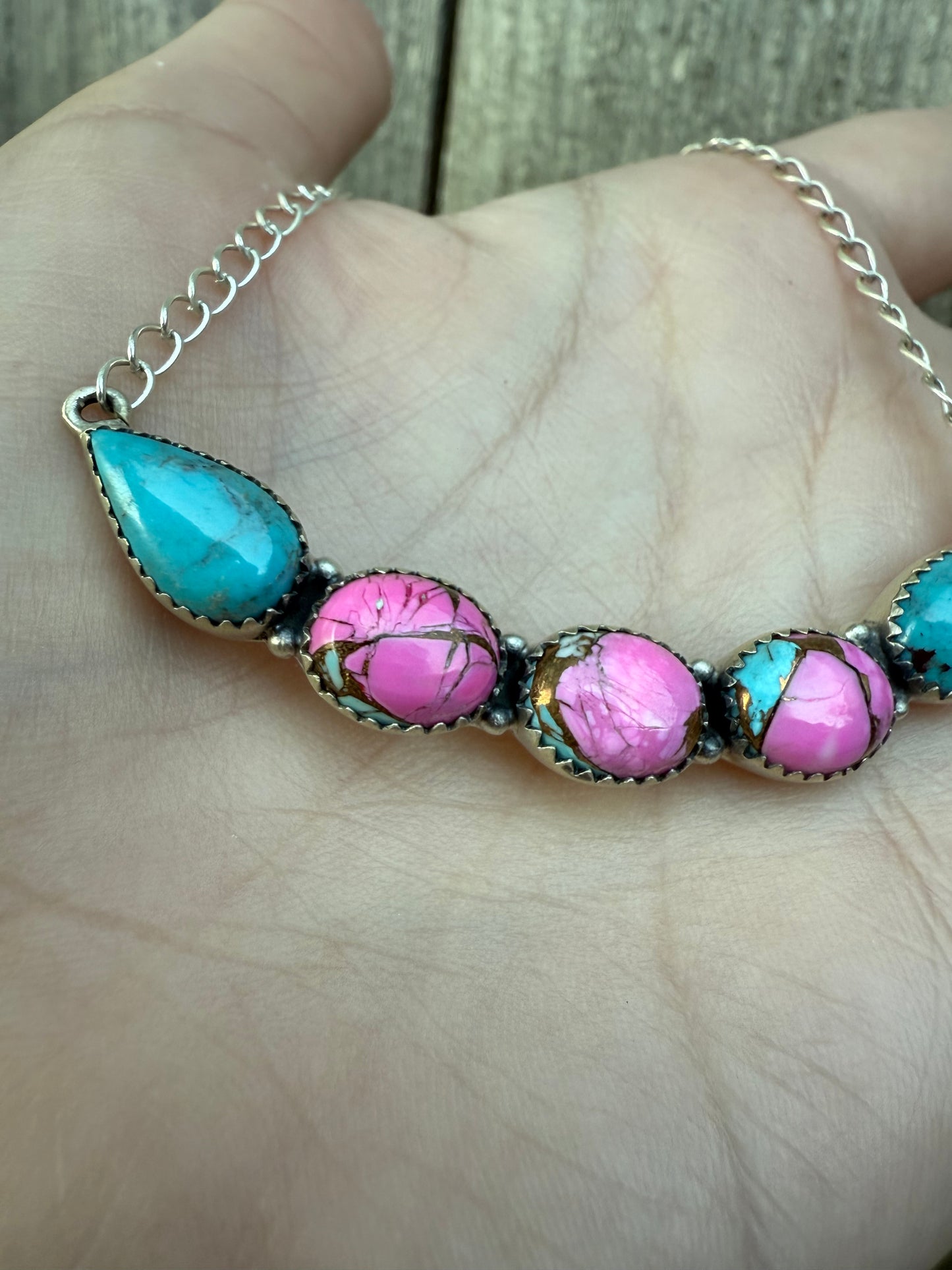 Cotton Candy and Turquoise Statement Big Bar Sterling Silver Necklace