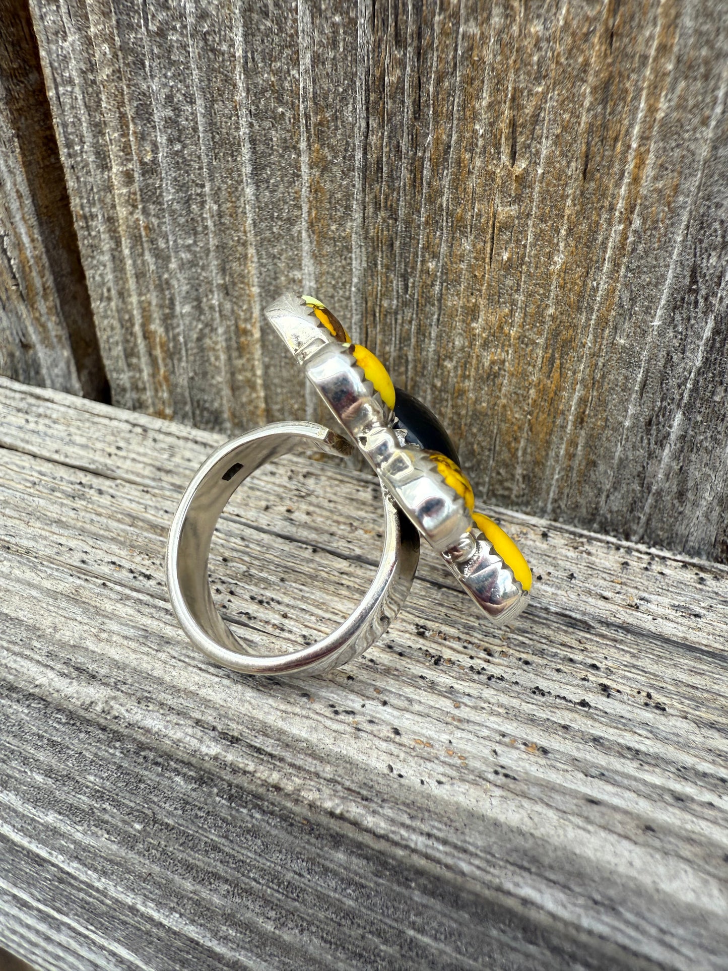 Honey Dahlia & Black Onyx Gemstone Sterling Silver Size 7 Adjustable Ring