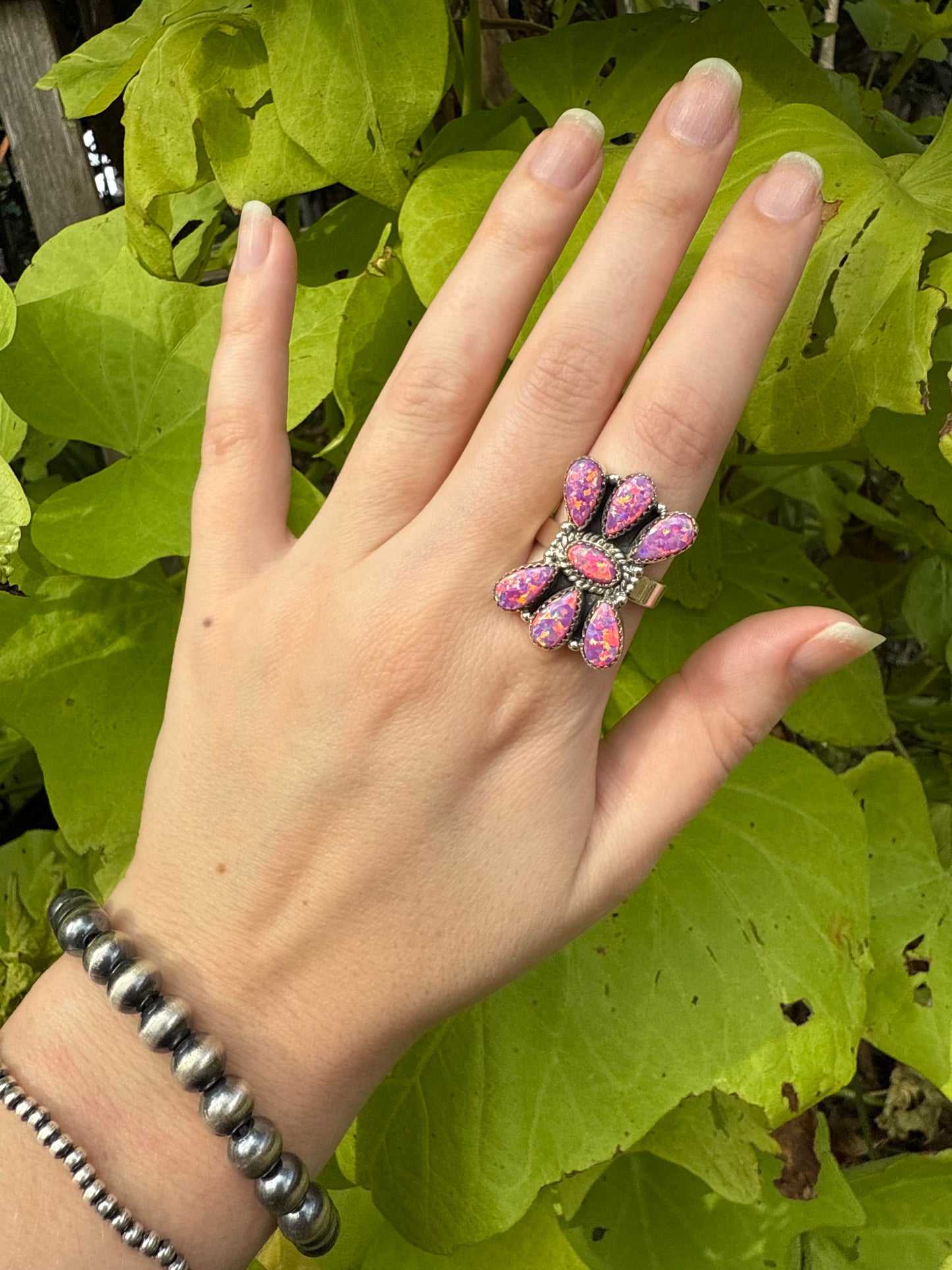 Hot Pink Balloon Opal Sterling Silver Adjustable Ring