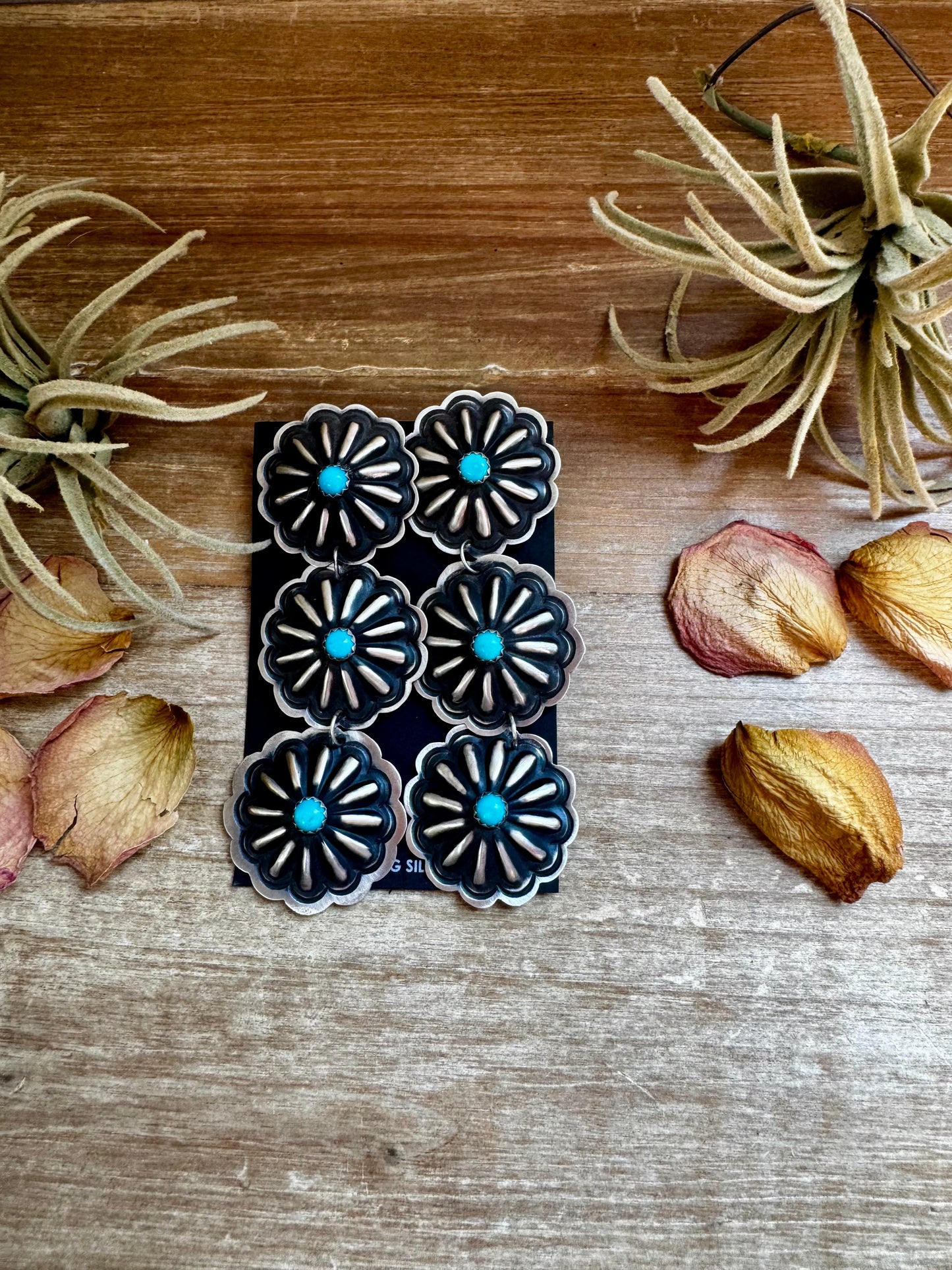 Triple Concho Dangle Earrings with Kingman Turquoise – Sterling Silver, Post Top