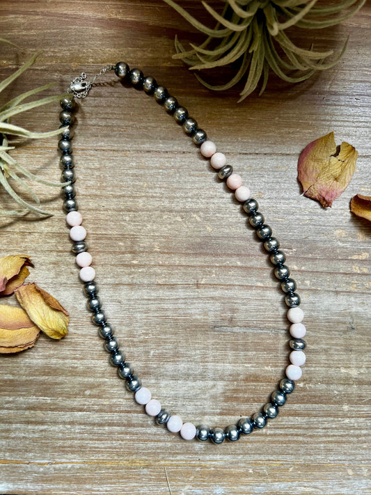 Pink Conch & Sterling Silver Necklace – 8 mm Pearls – 19 Inch + Extender