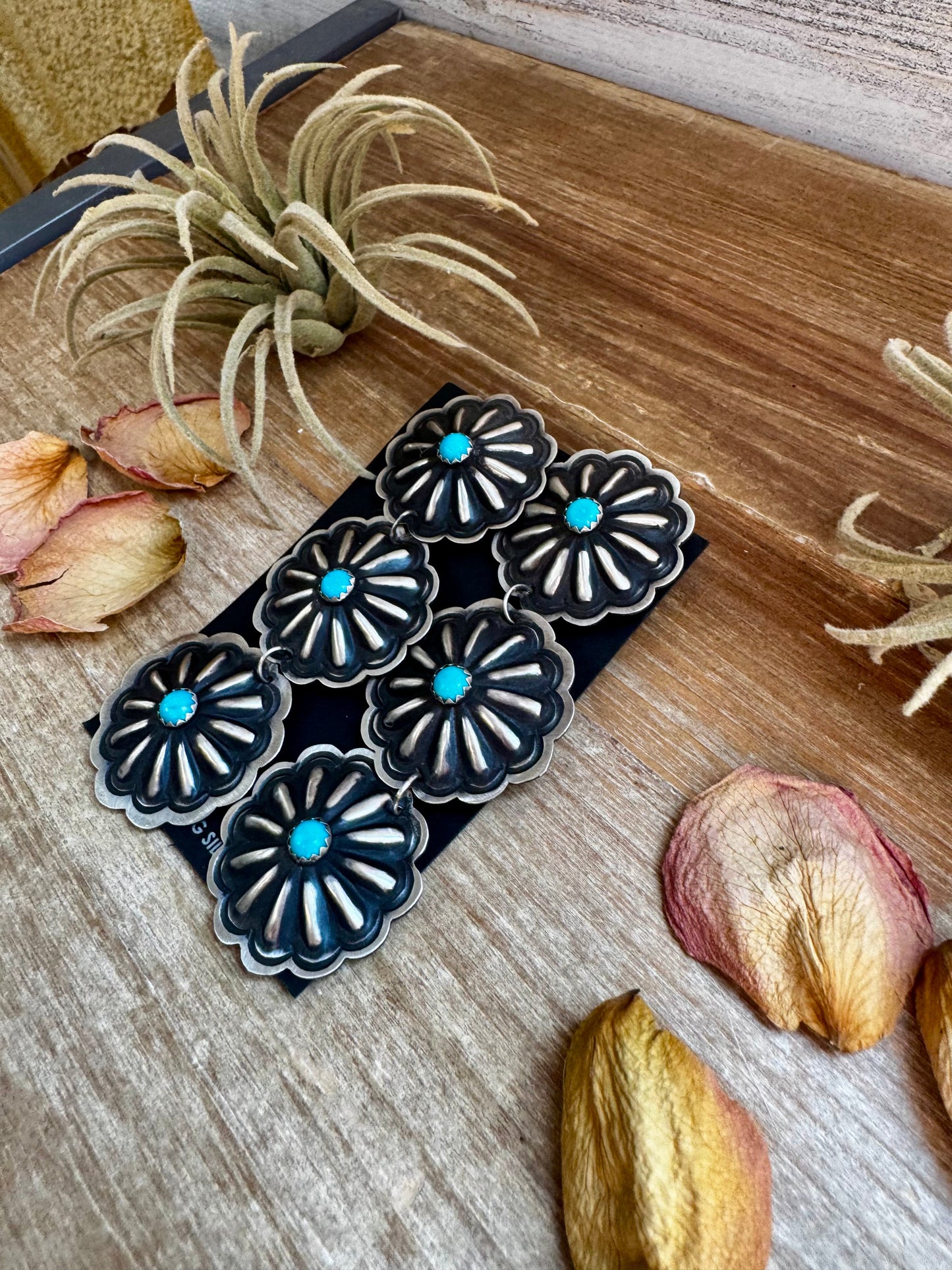 Triple Concho Dangle Earrings with Kingman Turquoise – Sterling Silver, Post Top