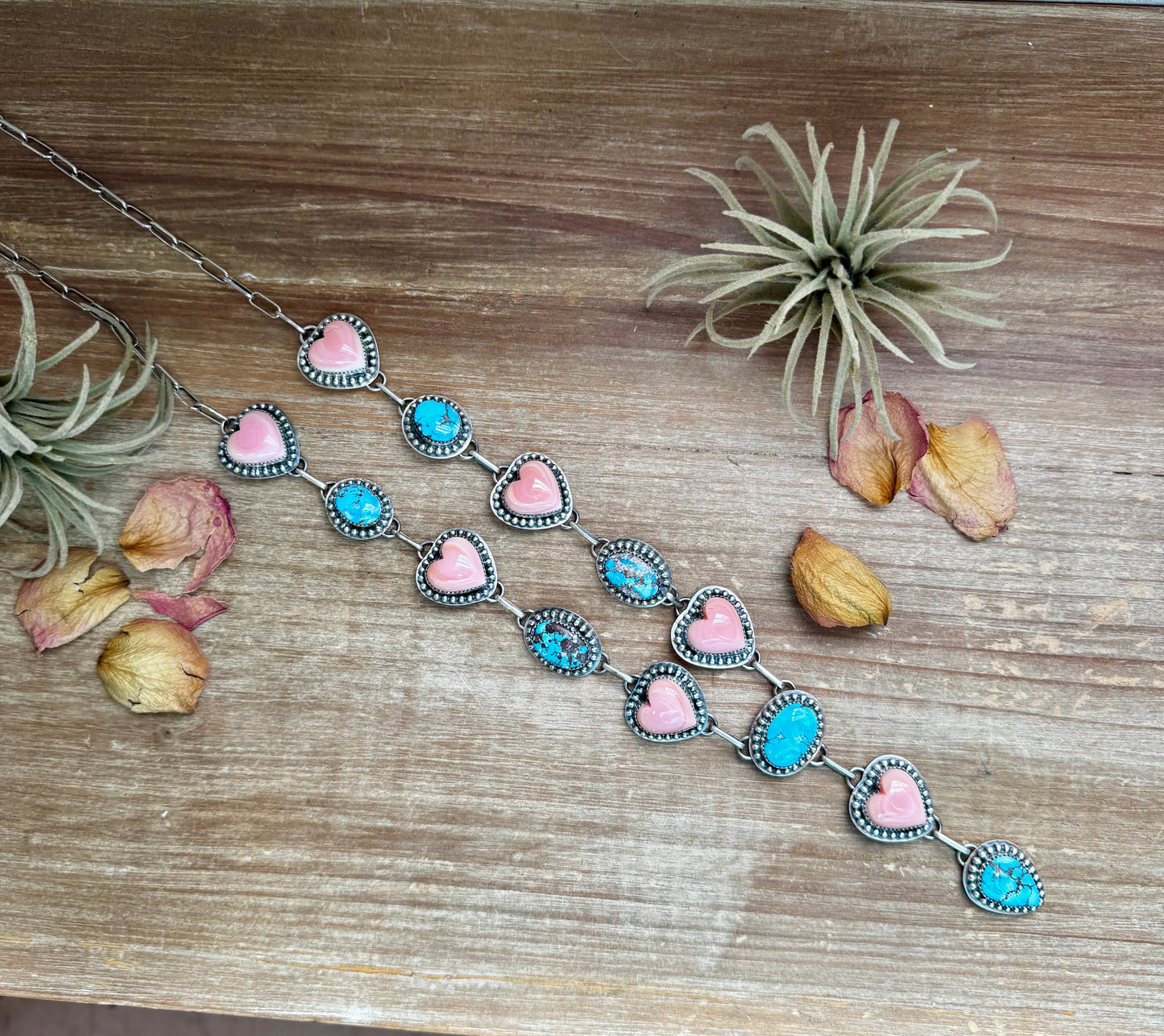 Lariat Necklace – Golden Hill Turquoise & Pink Conch Heart – 34” Adjustable Statement Piece