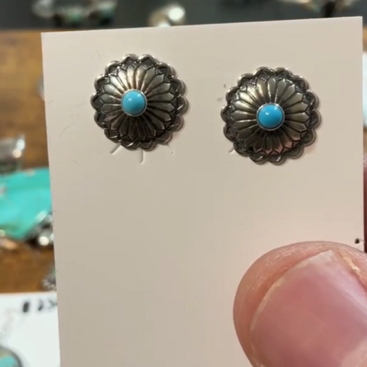 Navajo Concho Style Turquoise Sterling Silver Earrings