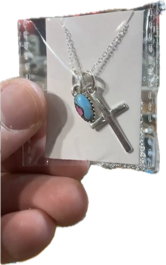 Cotton Candy Charm and Cross Sterling Silver Necklace