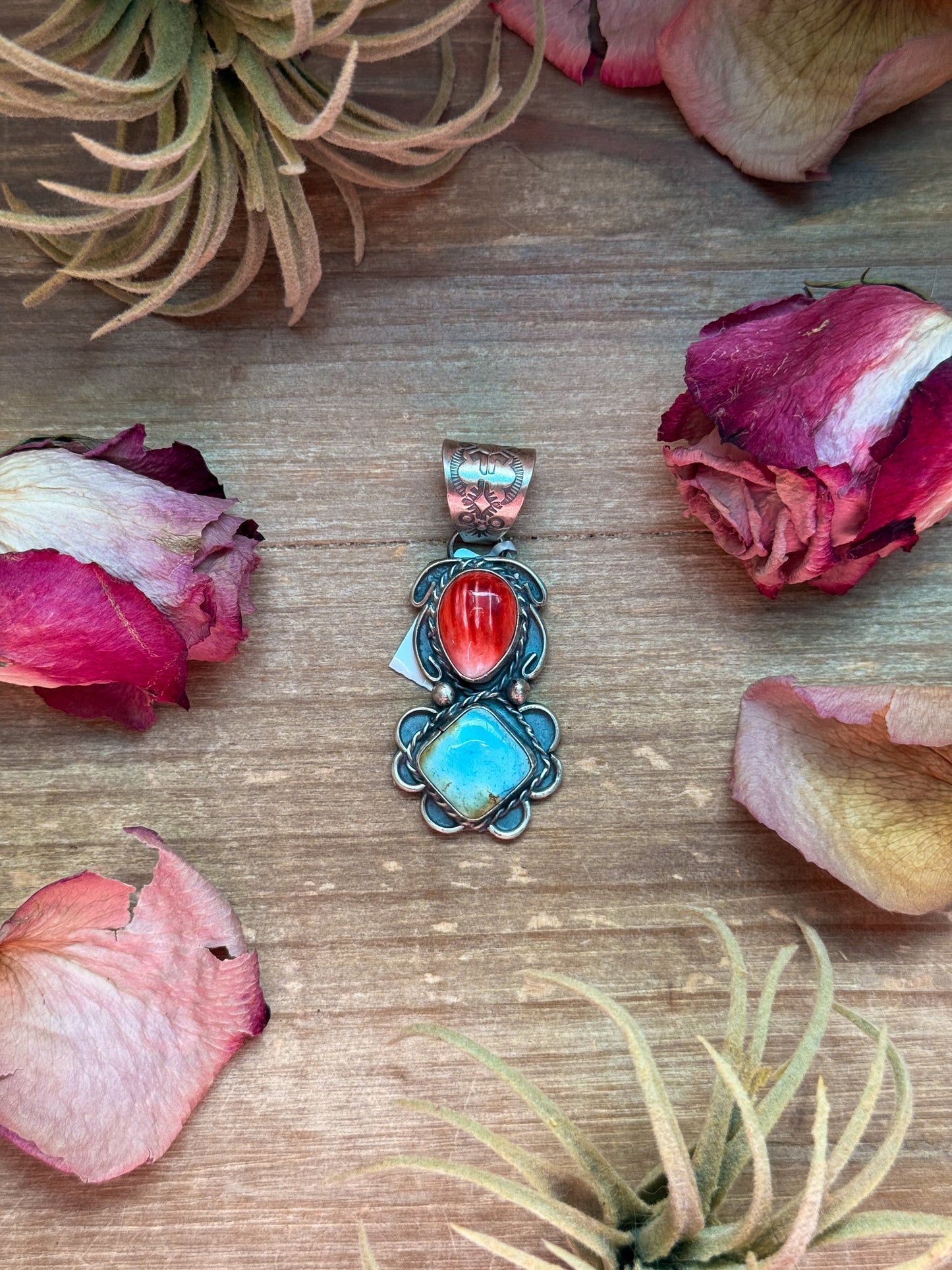 Red Spiny Oyster & Golden Hills Turquoise Sterling Silver Pendant – Stamped Gilbert Nez