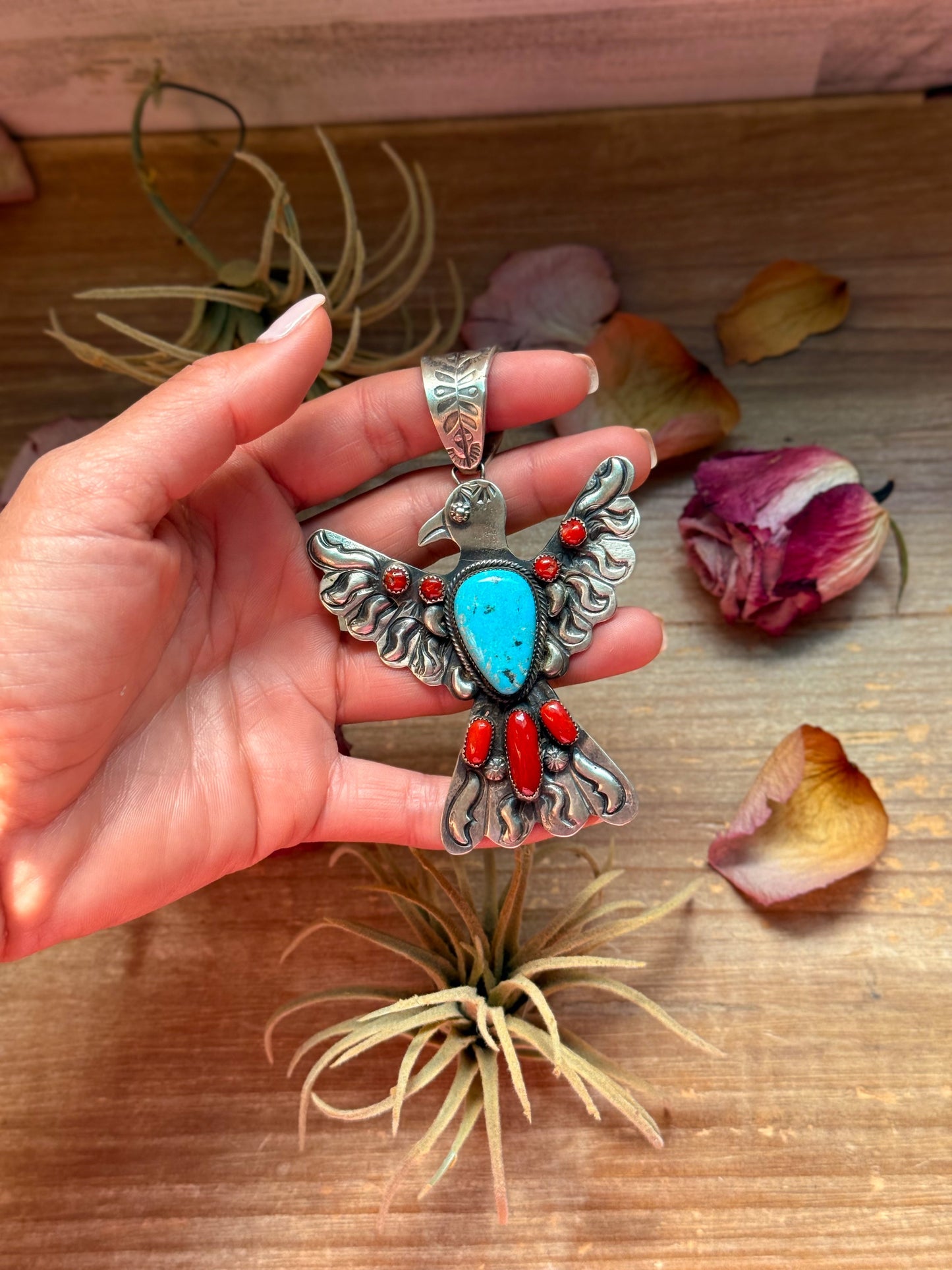 Thunderbird Pendant – Red Coral & Turquoise – Stamped Richard Yazzie