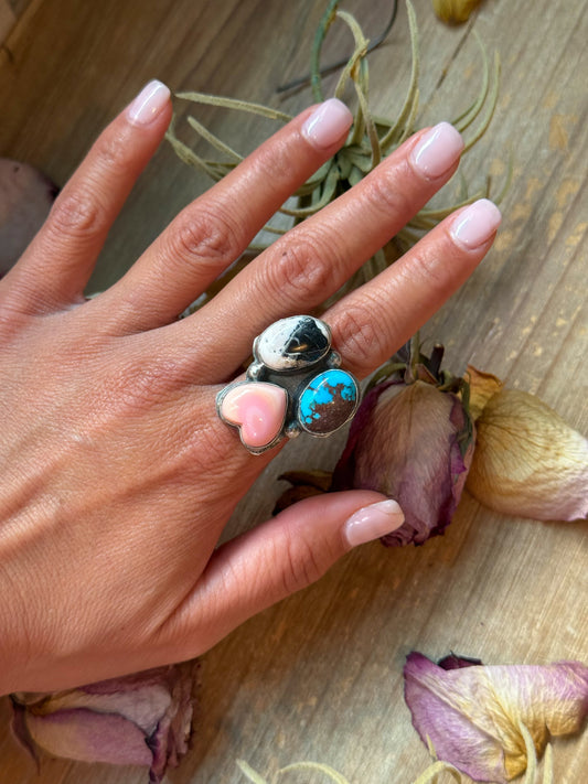 Pink Conch, Kingman Turquoise & White Buffalo Sterling Silver Ring – Adjustable (Size 9+)