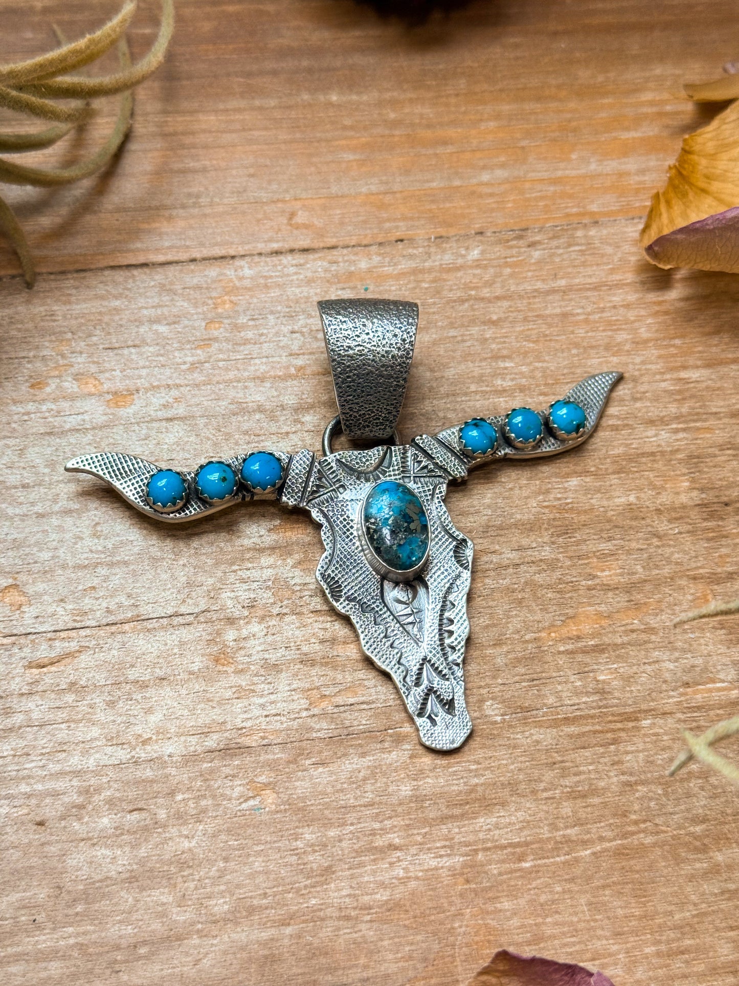 Sterling Silver Longhorn Pendant with Kingman Turquoise – Native Made by Leroy James (Navajo Artist)