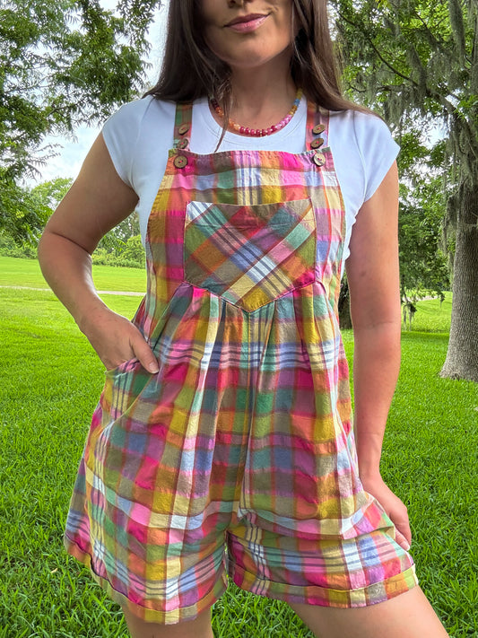 BiBi Rainbow Bleached Vintage Plaid Wide Leg Overalls with Pockets