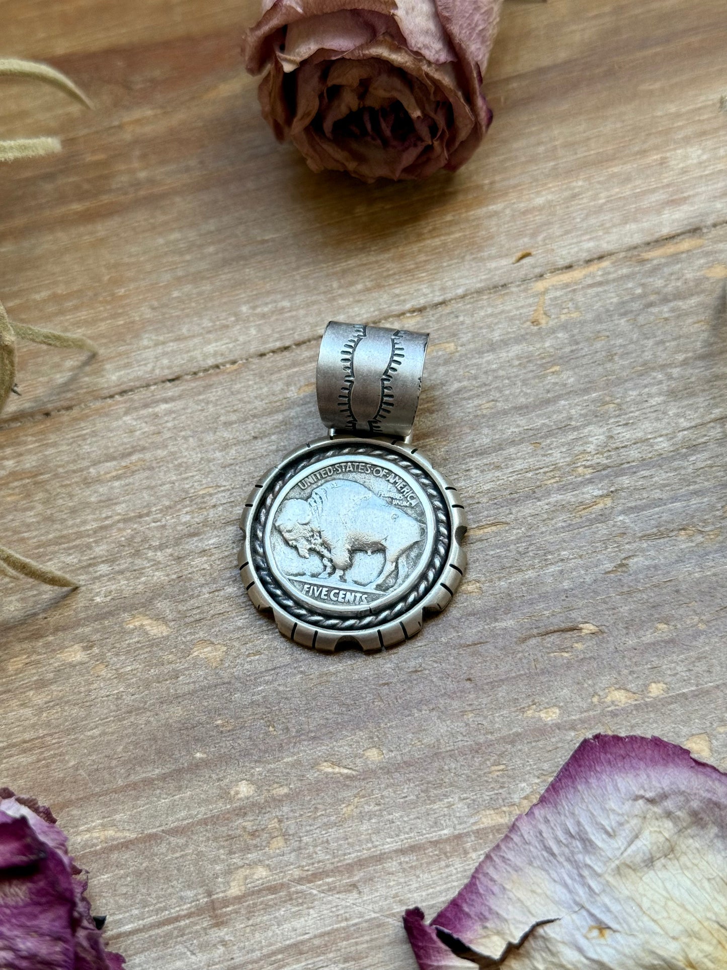 Sterling Silver Buffalo Nickel Pendant – Rope Border – Artist Jason Ogg