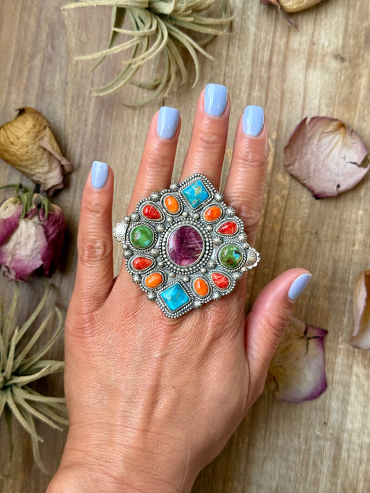 Mosaic Cluster Ring – Sterling Silver – Sonoran Mountain, Blue Ridge Turquoise & Spiny Oyster – Size 9 – Artist Shay Pfeiffer