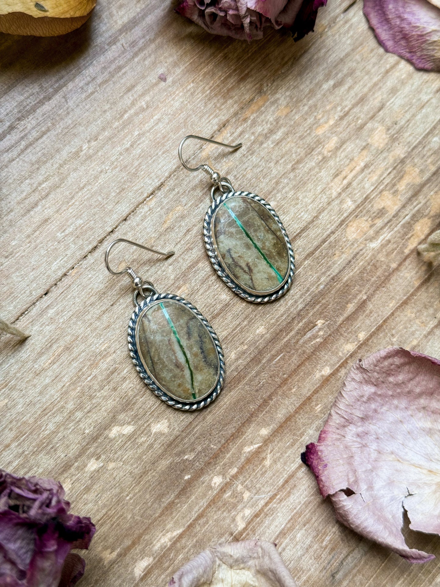 Sterling Silver Ribbon Royston Turquoise Dangle Earrings – Handmade by Artist Jason Ogg