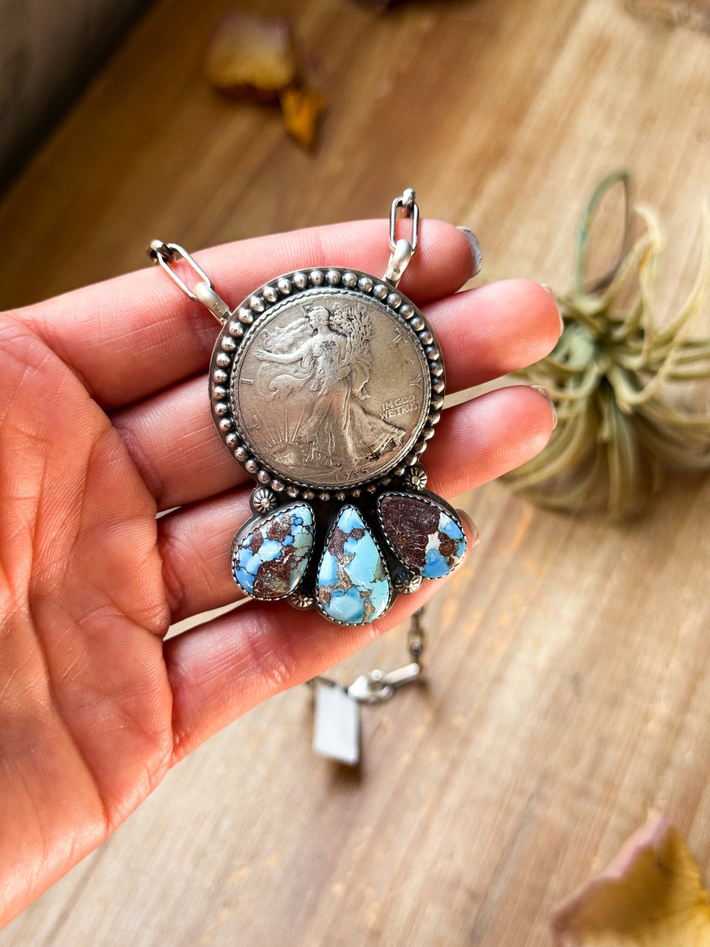 Sterling Silver Liberty Coin Necklace with Golden Hill Turquoise – 16” – 1945 Coin