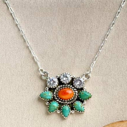 Turquoise, Orange Spiny, and CZ Crystal Spring Sterling Silver Cluster Necklace