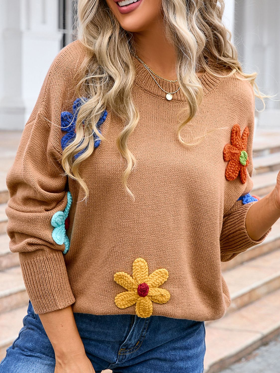 Crochet Flower Round Neck Sweater