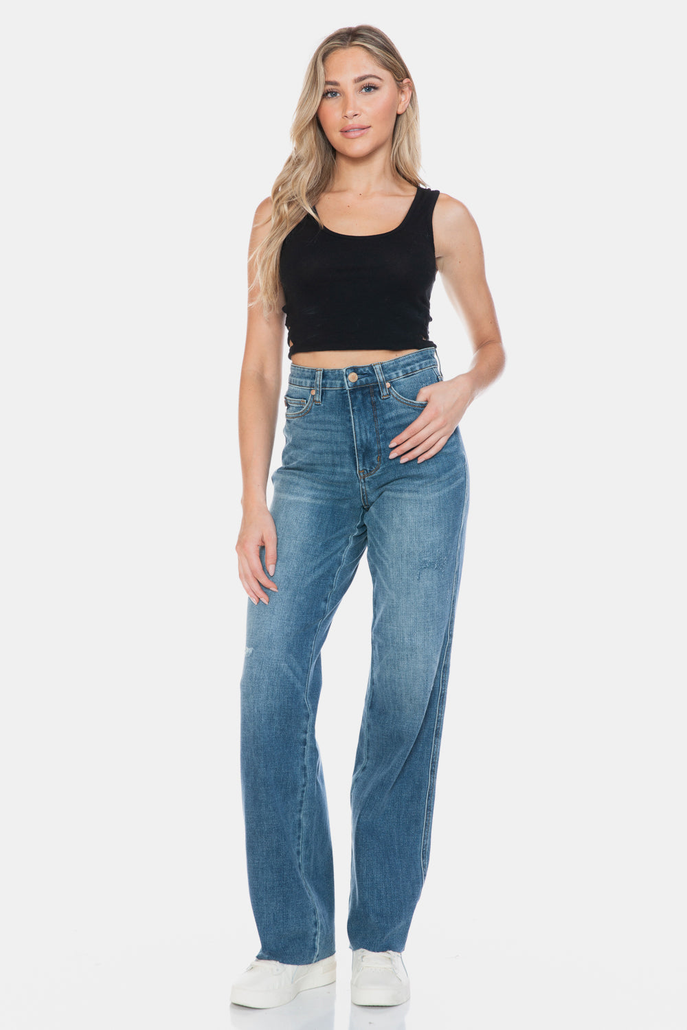 The Go To Judy Blue Full Size Tummy Control Cut Raw Hem Straight Jeans