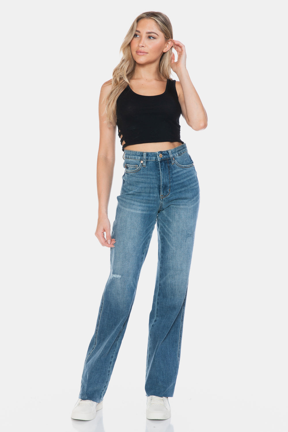 The Go To Judy Blue Full Size Tummy Control Cut Raw Hem Straight Jeans