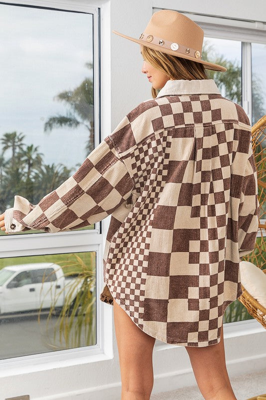 Checkmate BiBi Checkered Button Down Corduroy Shacket