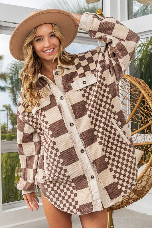 Checkmate BiBi Checkered Button Down Corduroy Shacket