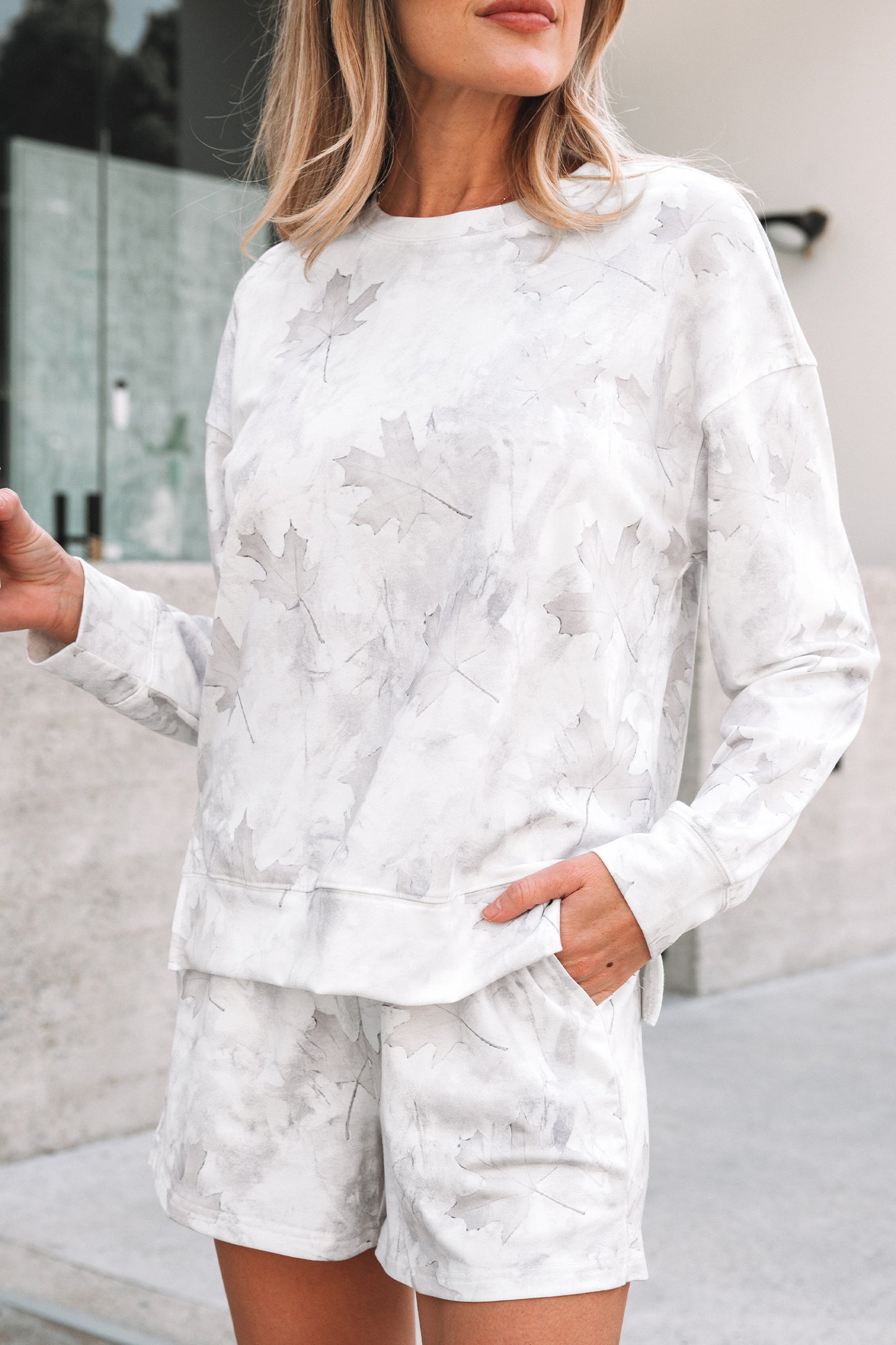 Beige Camo Print Pullover Top and Elastic Waist Casual Short Set