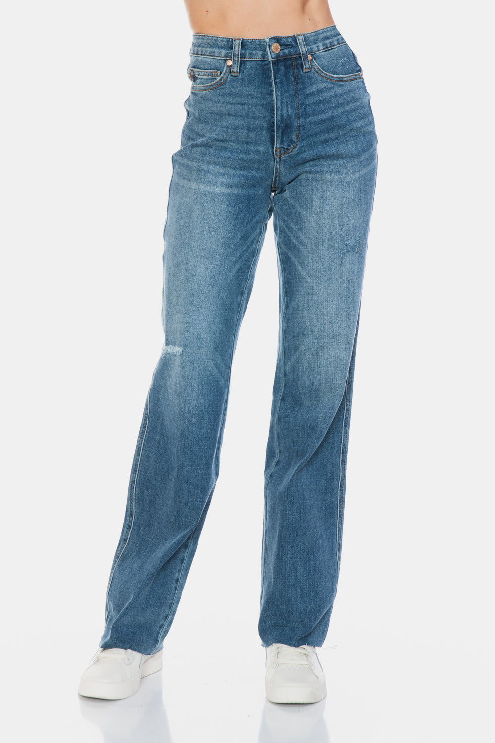 The Go To Judy Blue Full Size Tummy Control Cut Raw Hem Straight Jeans