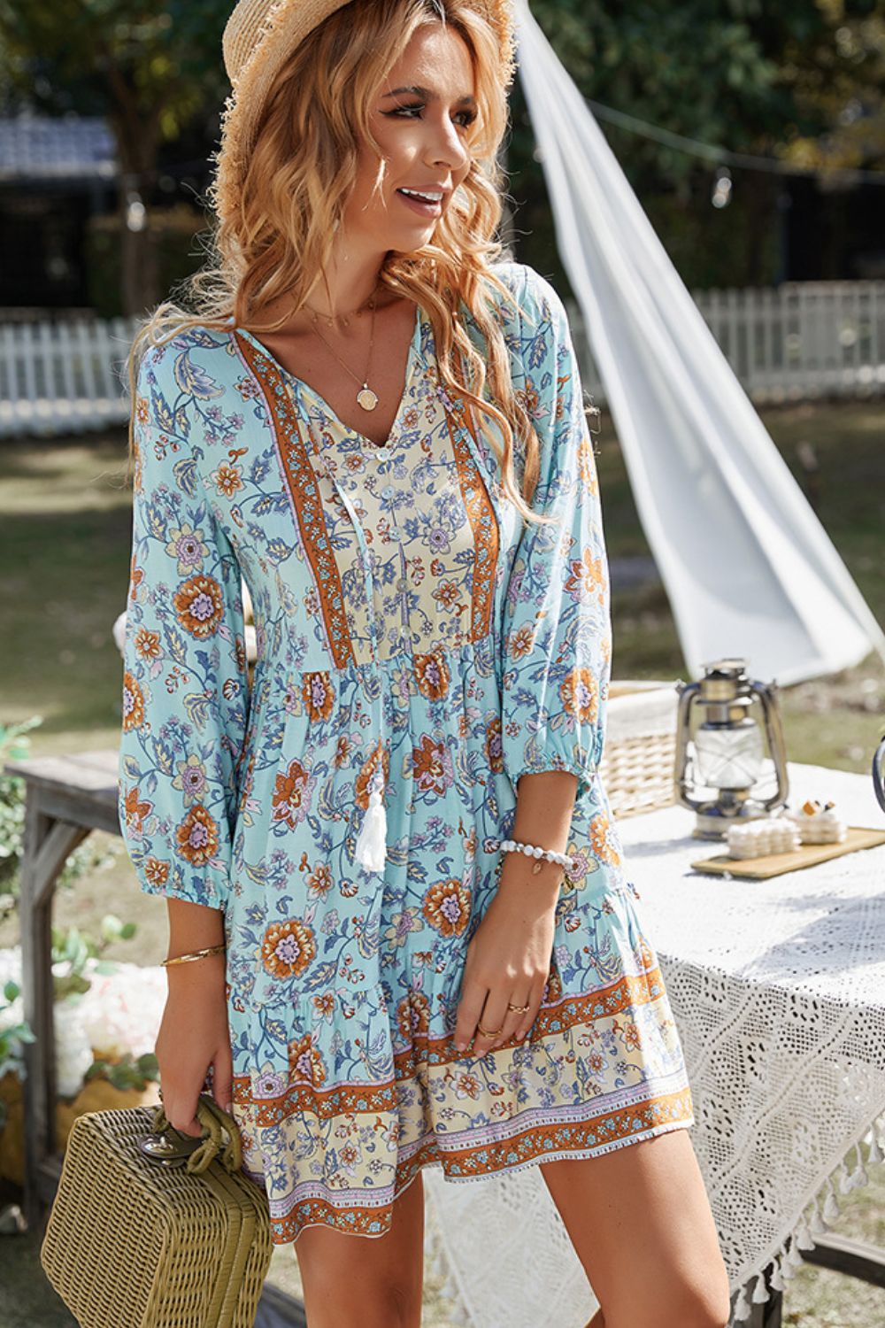 Floral Tied Balloon Sleeve Mini Dress