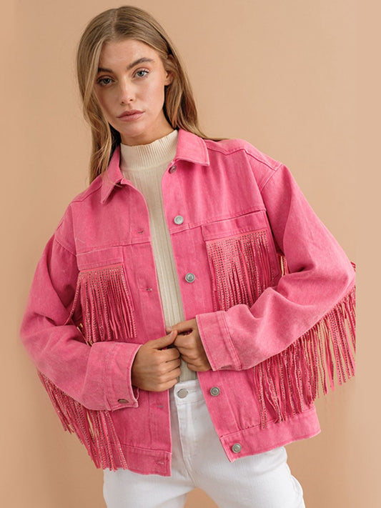 Fringe Detail Dropped Shoulder Denim Jacket