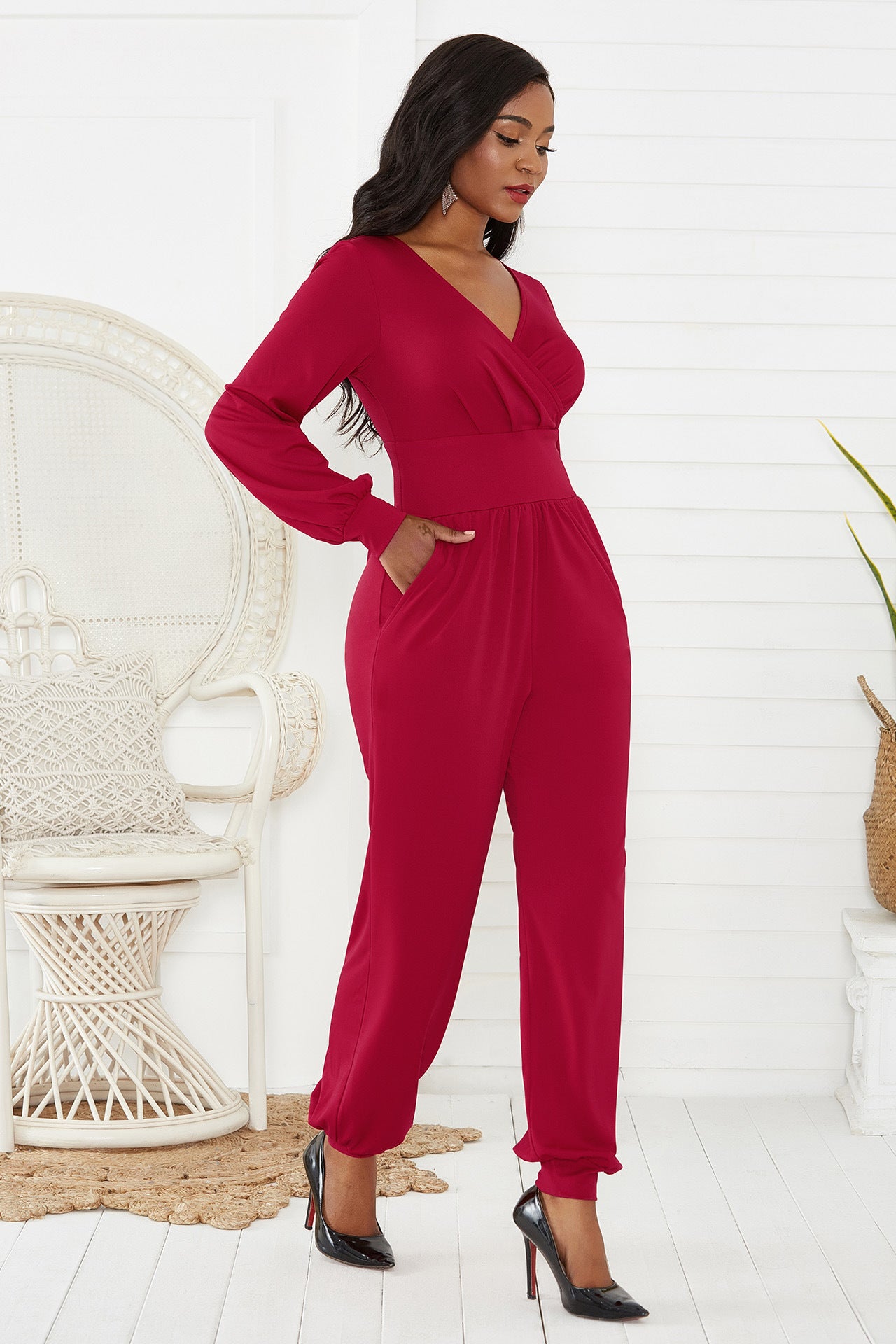 Gathered Detail Surplice Lantern Sleeve Jumpsuit