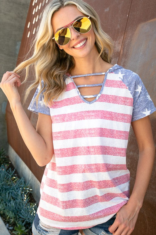 AMERICAN FLAG LACE UP HOODIE TOP