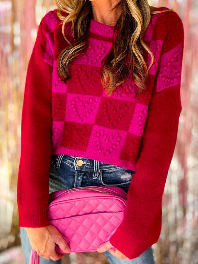 Plaid Heart Round Neck Sweater