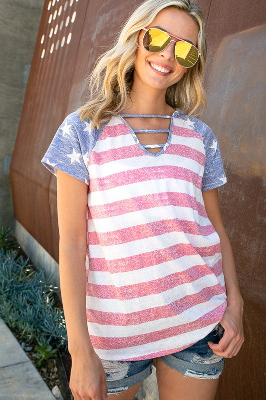 AMERICAN FLAG LACE UP HOODIE TOP