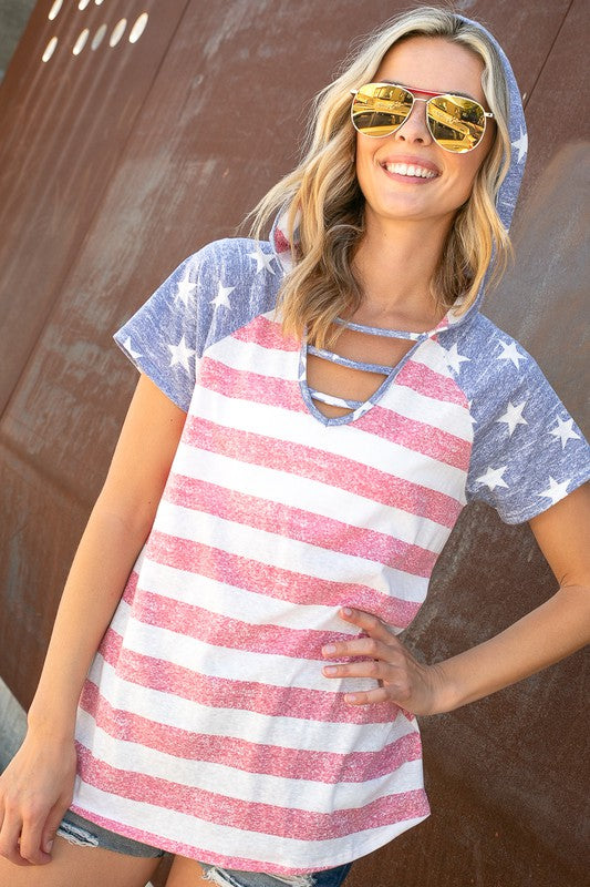 AMERICAN FLAG LACE UP HOODIE TOP