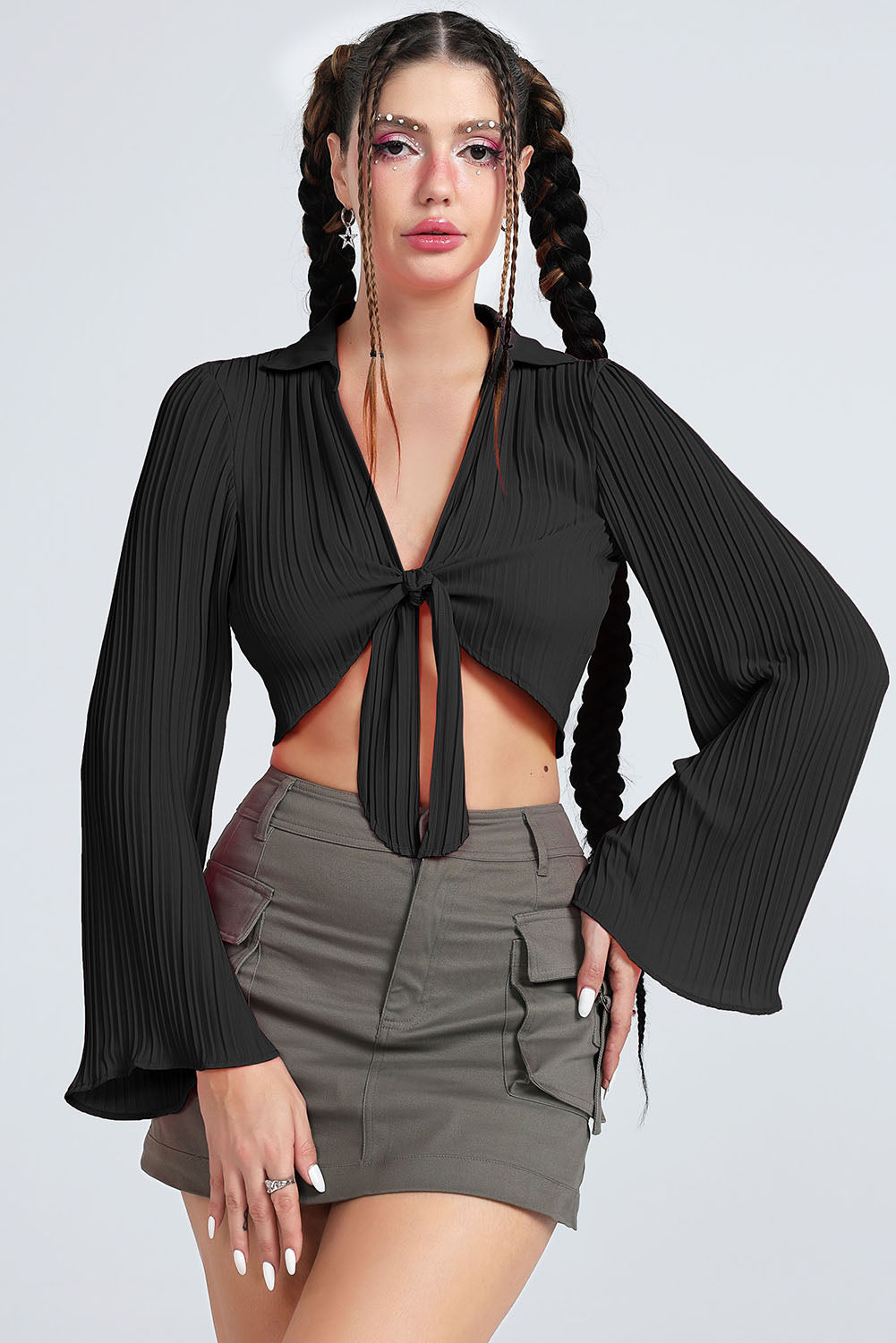 Tie Front Johnny Collar Flare Sleeve Cropped Top