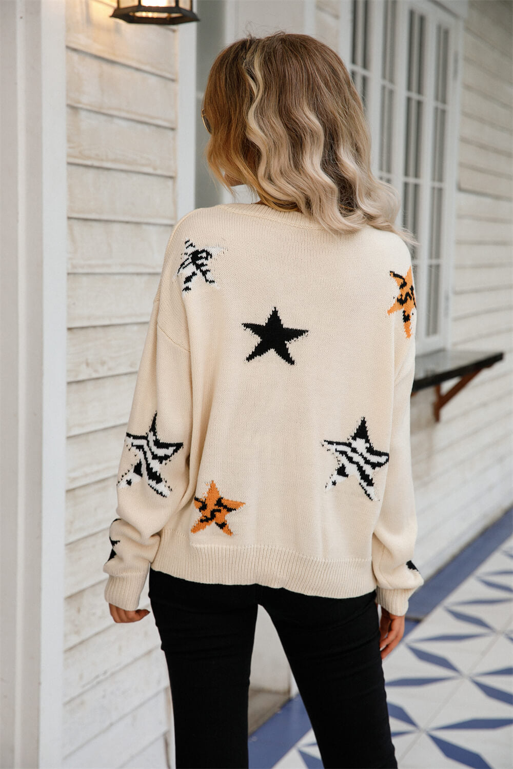 Star Pattern Round Neck Dropped Shoulder Sweater