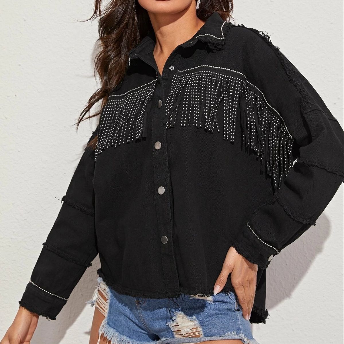 Fringe Detail Button-Down Collared Neck Denim Jacket