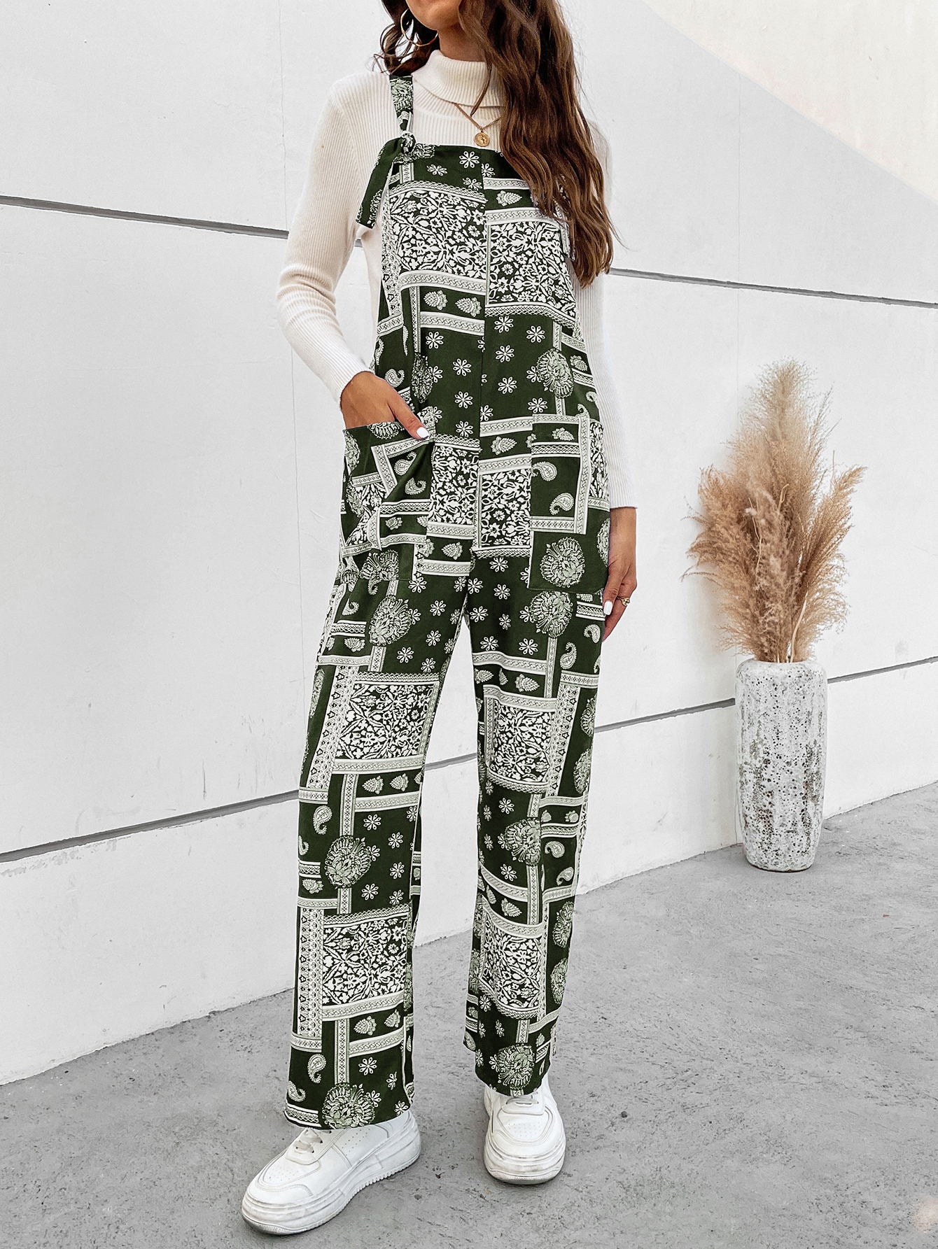 Printed Straight Leg Jumpsuit with Pockets