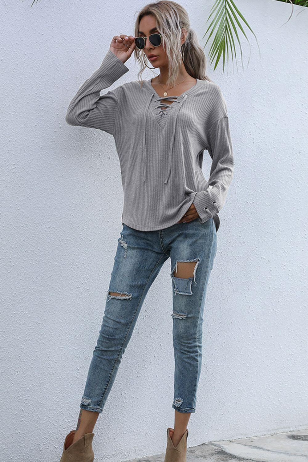 Lace-Up V-Neck Ribbed Top