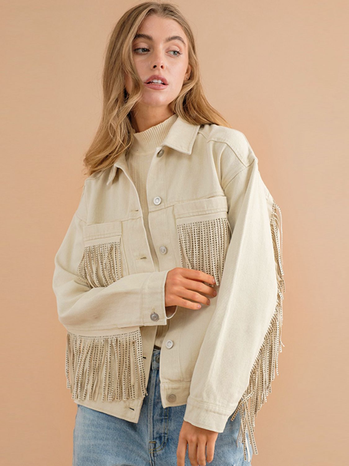 Fringe Detail Dropped Shoulder Denim Jacket