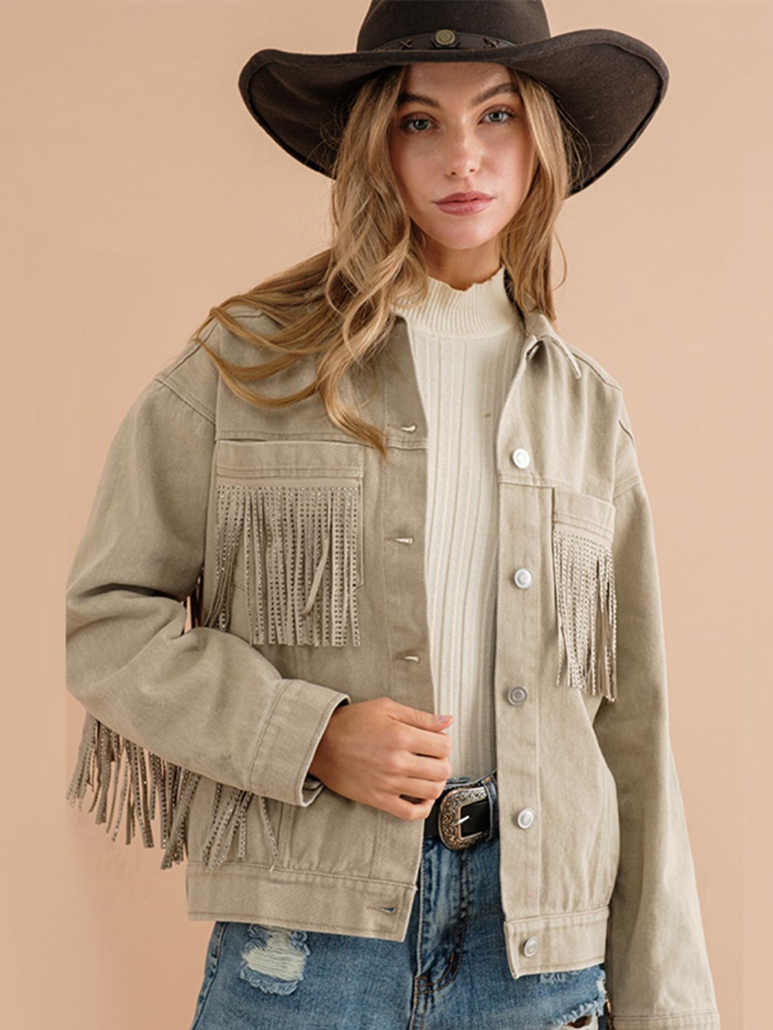 Fringe Detail Dropped Shoulder Denim Jacket