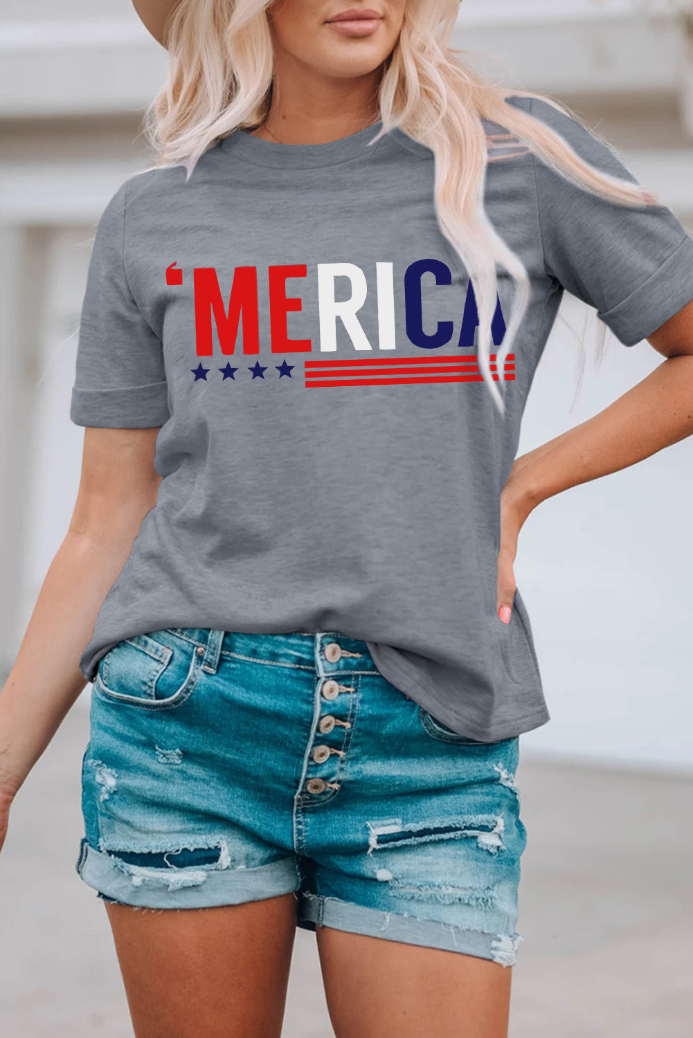 MERICA Letter Graphic Crewneck T-Shirt