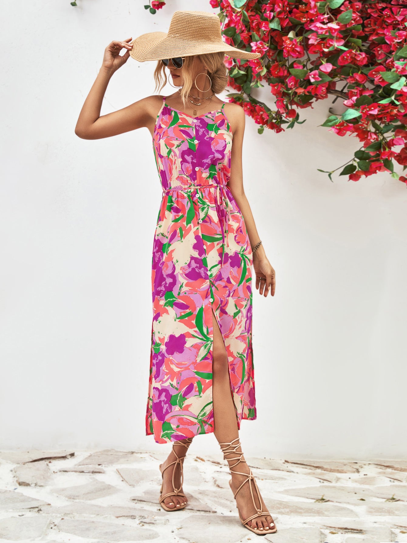 Printed Spaghetti Strap Front Slit Dress