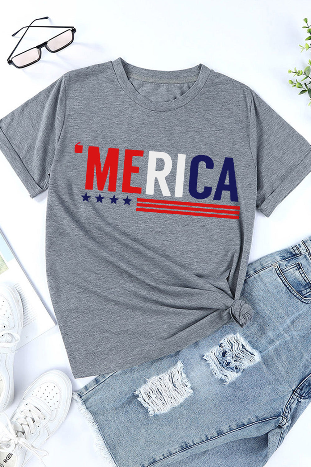 MERICA Letter Graphic Crewneck T-Shirt