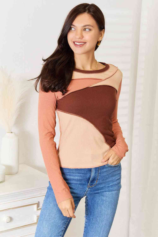 Fall Colors Double Take Color Block Exposed Seam Long Sleeve Top